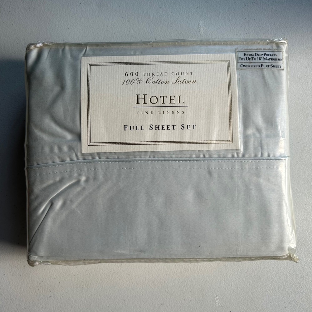 Hotel Fine Linens Full Sheet Set Blue 600 Thread Count Cotton Sateen Deep Pocket